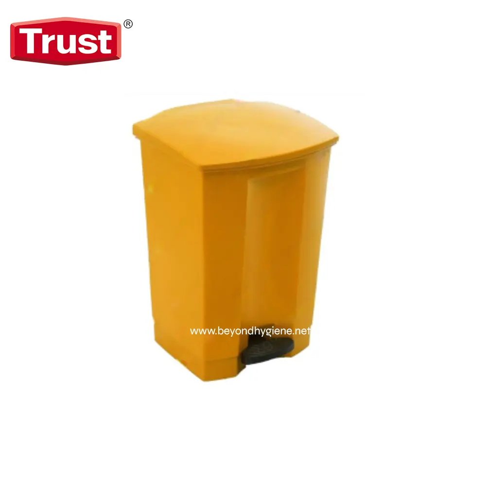 TR-1254YEL-600x848 Yellow plastic trash bin with foot pedal for hands-free waste disposal, ideal for commercial hygiene and sanitation needs in Asia.