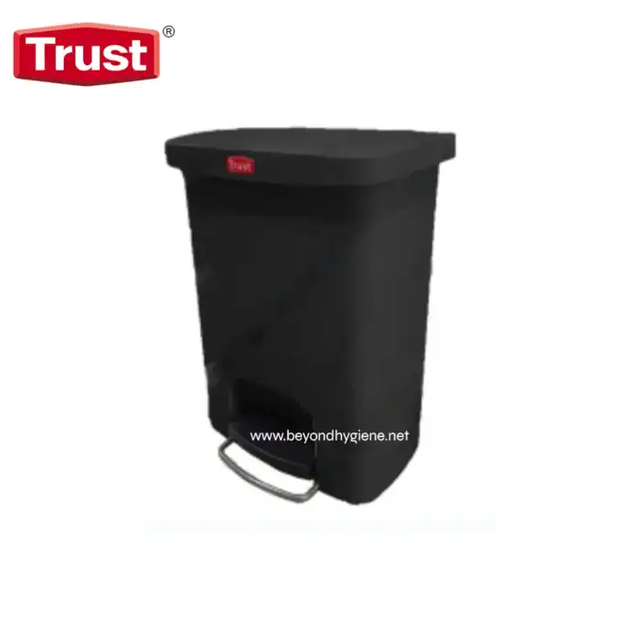 Trust brand black pedal trash bin for commercial and office use, durable waste container, hygienic and easy to clean, ideal for hygiene-focused environments.