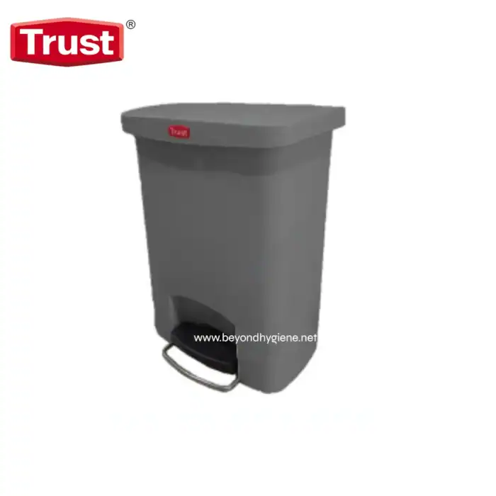 Trust grey foot pedal trash bin for commercial and industrial waste management. Durable, hygienic, and easy-to-use trash disposal solution for professional sanitation needs.
