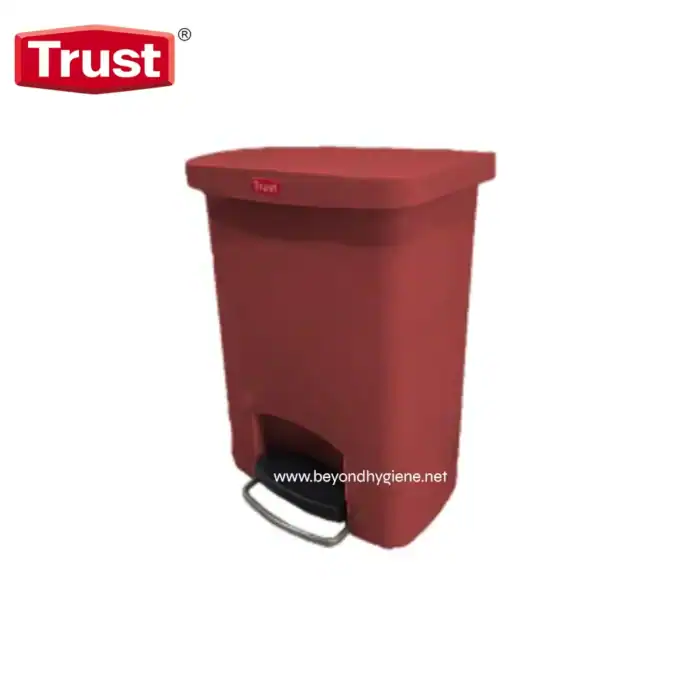 Trash bin with foot pedal in deep red color, ideal for public restrooms and hygiene facilities, promoting cleanliness and waste management.