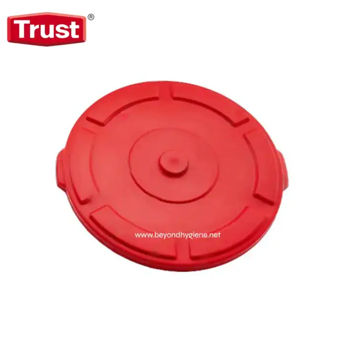 Flexible red plastic containment lid for hygiene and safety.