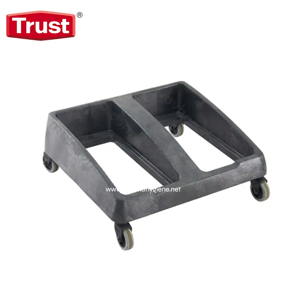 Large black plastic mobile platform with caster wheels for industrial or commercial cleaning, transport, or maintenance tasks in hygienic environments. Designed for durability and ease of movement.