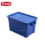 Blue plastic storage bin with lid for hygiene and sanitation supplies.