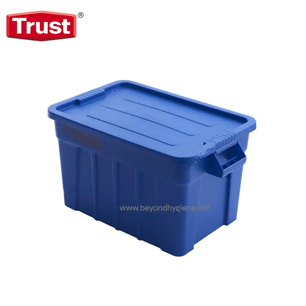 TR-3012BLUE Blue plastic storage bin with lid for hygiene and sanitation supplies.