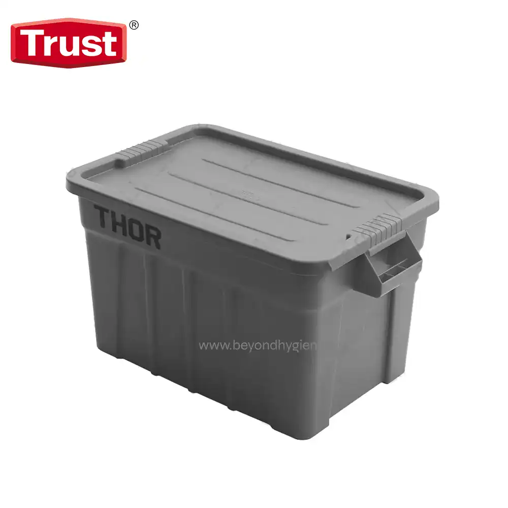 TR-3012GRAY Grey industrial storage container with lid for hygiene supplies and sanitation equipment.