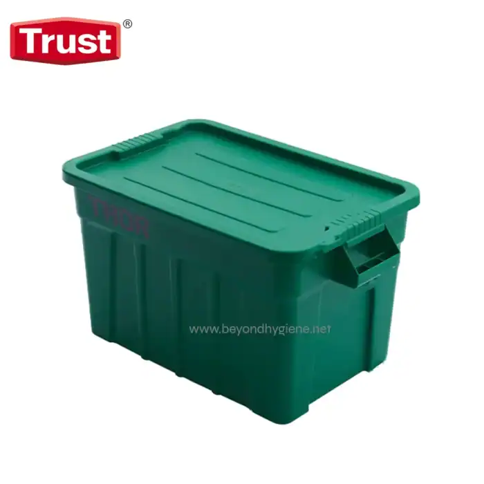 Green plastic storage bin for cleaning supplies and hygiene equipment, durable and stackable, ideal for commercial hygiene and sanitation solutions.