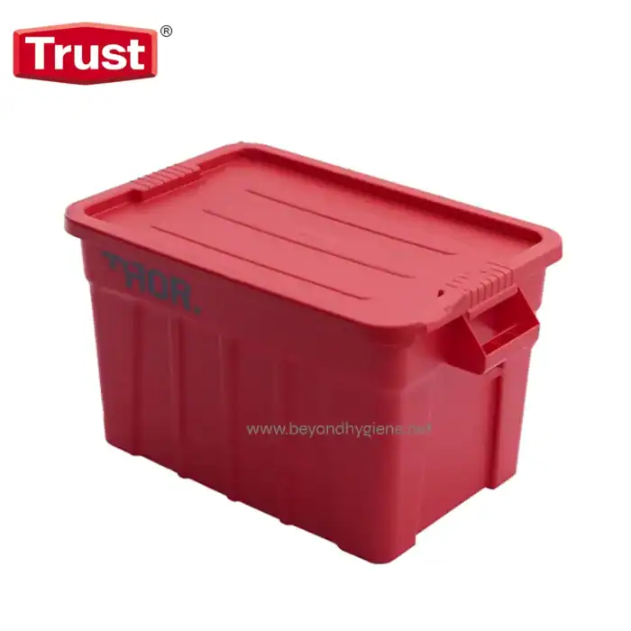 Trust red plastic storage container for industrial cleaning supplies and hygiene products.