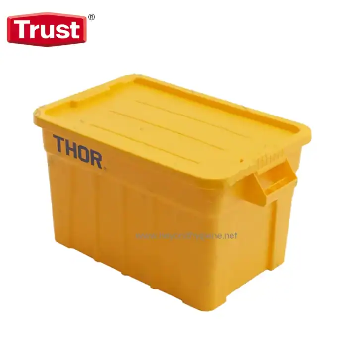 Yellow plastic storage container with "THOR" branding for industrial and cleaning supplies, emphasizing hygiene storage solutions.