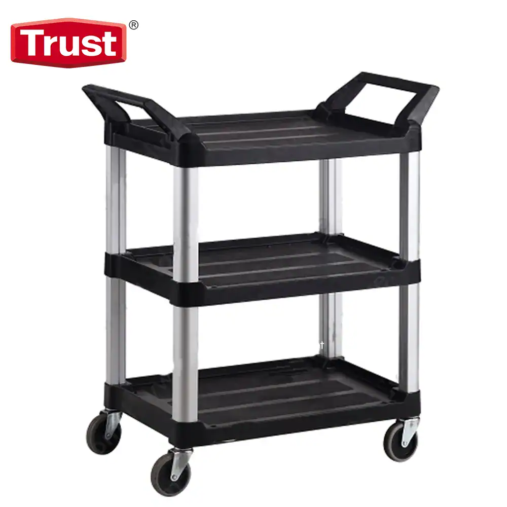 TR-4011BLK Stainless steel utility cart with three black plastic shelves and caster wheels, ideal for commercial cleaning and hygiene service applications.