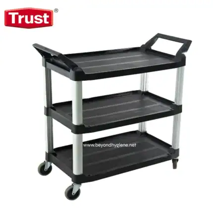 Black three-tier plastic utility cart with metal frame and wheels, ideal for commercial and industrial cleaning and organization.