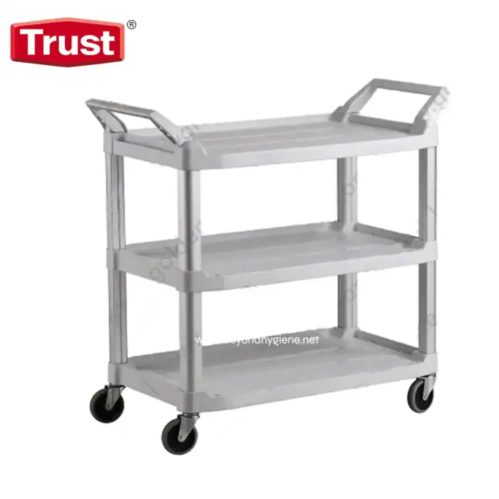 Trust medical utility cart with wheels for hospital and clinical use, durable plastic construction, three shelves, ideal for healthcare sanitation and supply organization.