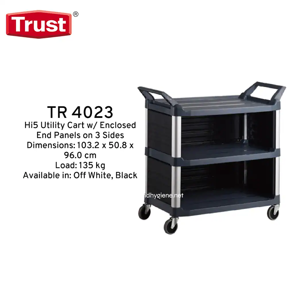 TR-4023BLK-2 TR 4023 Hi5 Utility Cart with Enclosed End Panels - versatile cleaning and storage solution for professional establishments.