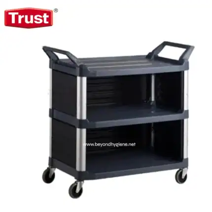 Steel commercial cleaning trolley with multiple storage shelves and wheels for easy mobility, ideal for hospital, clinic, and sanitation cleaning needs.