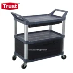 High-quality medical and laboratory utility trolley with multiple shelves, durable construction, and smooth-rolling wheels for easy hospital, clinic, or cleaning service use.