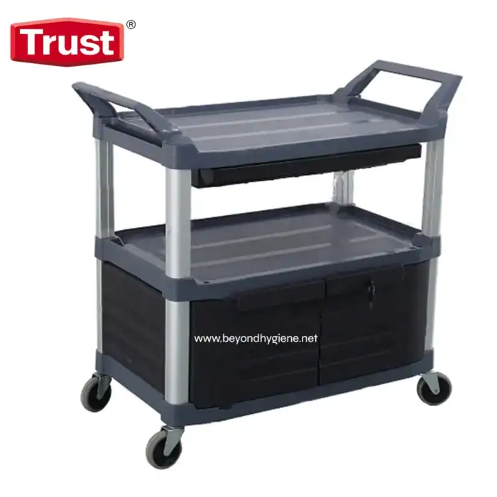 High-quality medical and laboratory utility trolley with multiple shelves, durable construction, and smooth-rolling wheels for easy hospital, clinic, or cleaning service use.