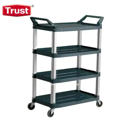 Trust cleaning trolley with multiple shelves and wheels for easy mobility, ideal for hospitals, clinics, and hygiene facilities.