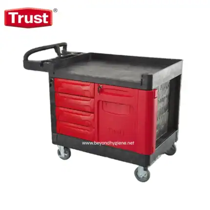 Trust rolling tool cart with drawers for maintenance and workshops, durable construction with casters for easy mobility.