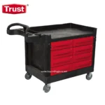 Trust tools cart for industrial cleaning and maintenance, with multiple red drawers and durable wheels, ideal for hygiene management in commercial and industrial environments.