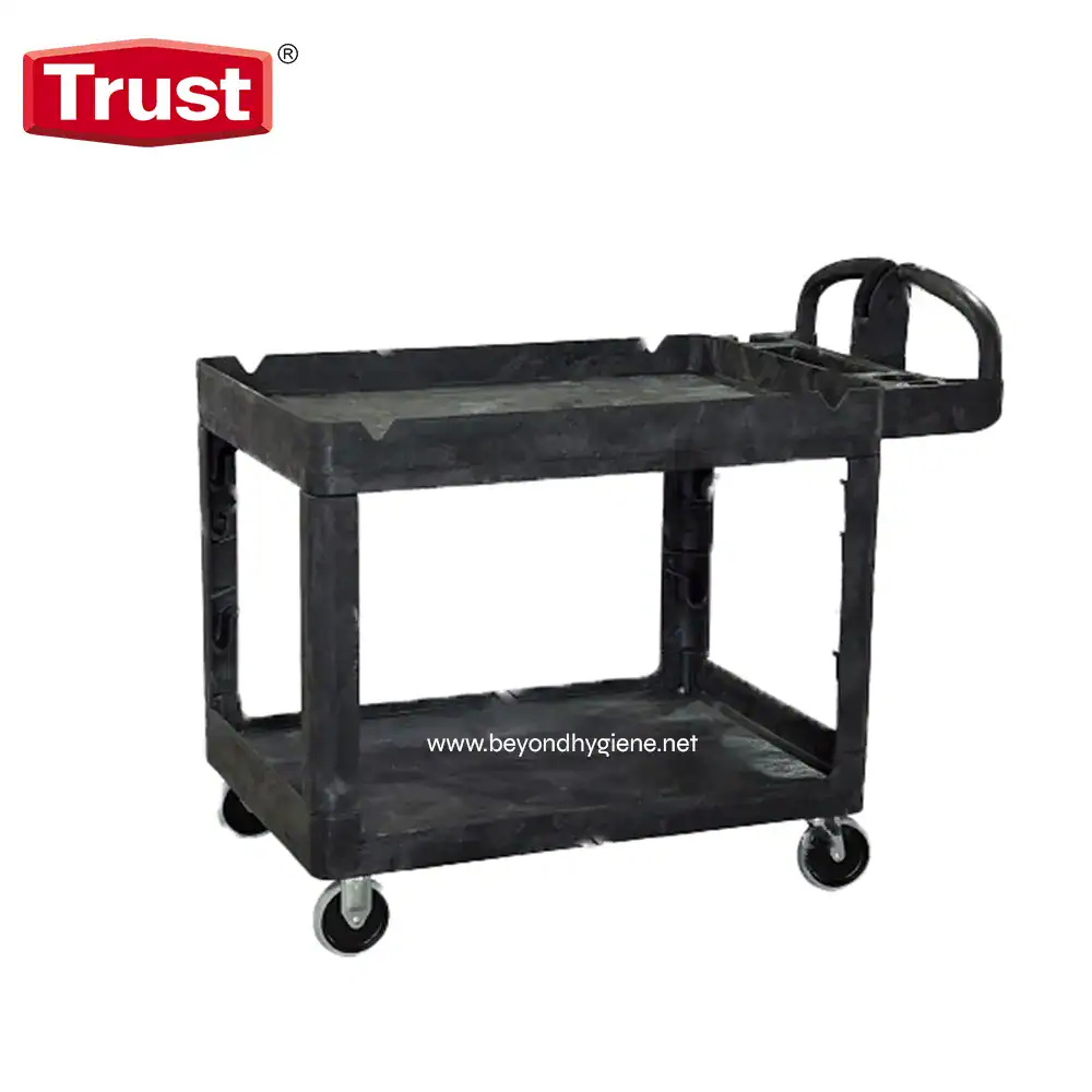 TR-4041 Black cleaning utility cart with wheels for janitorial and sanitation supplies.