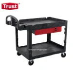 Metal cleaning trolley with wheels, black and red caster, for industrial or commercial hygiene and cleaning applications.