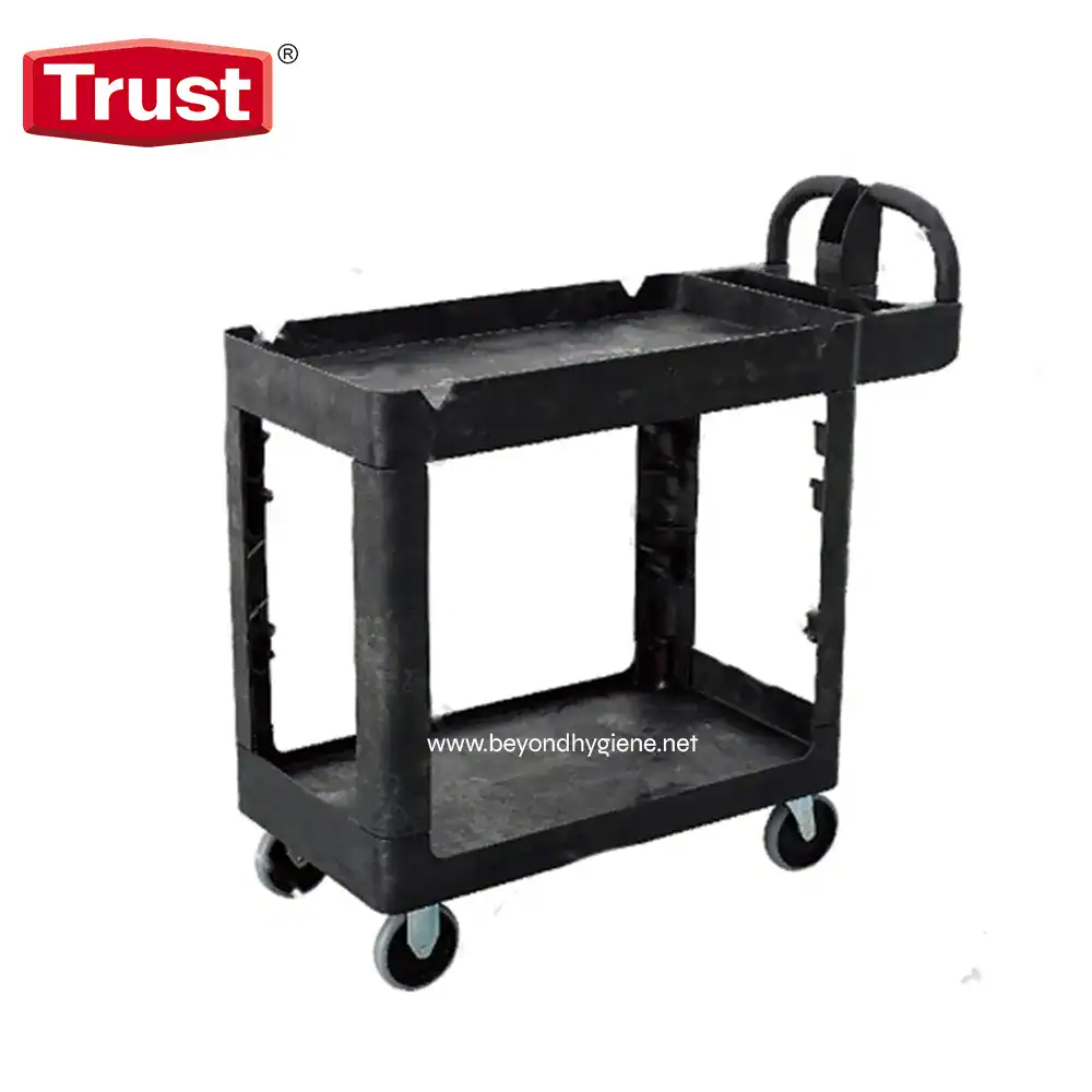 TR-4044 Black plastic utility cart with wheels, ideal for cleaning and sanitation supplies, featuring multiple compartments. Perfect for commercial hygiene, janitorial services, and healthcare environments.