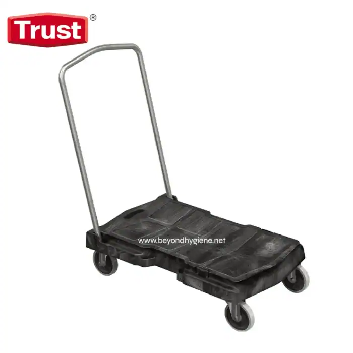 Heavy-duty black platform cart with four wheels and a metal handle, ideal for material handling and transportation in industrial or commercial settings.