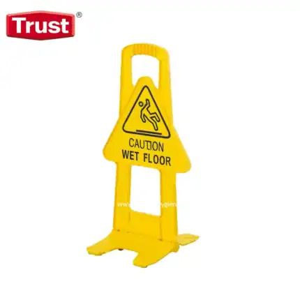 Caution wet floor warning sign, bright yellow plastic, slip hazard safety alert for commercial and public spaces.
