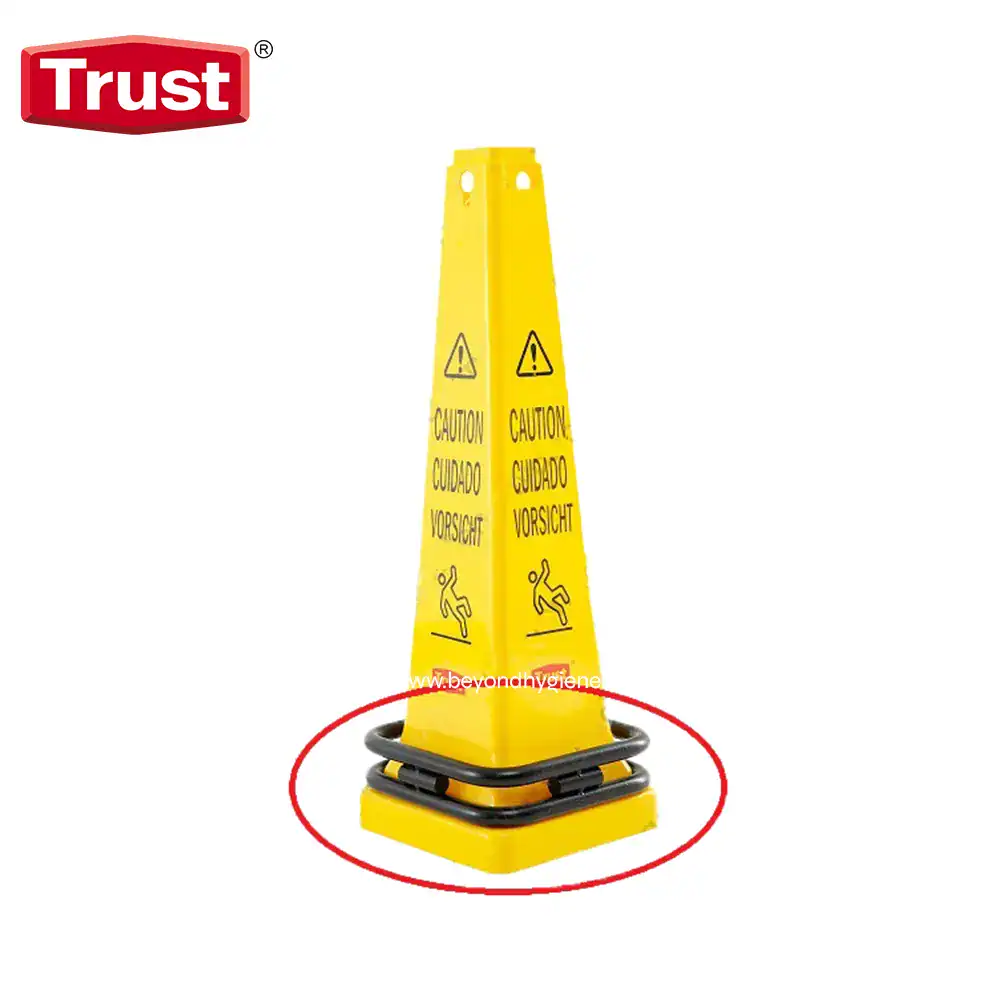 TR-7521 Trust yellow caution wet floor warning cone with anti-slip base for hygiene and safety in public spaces.