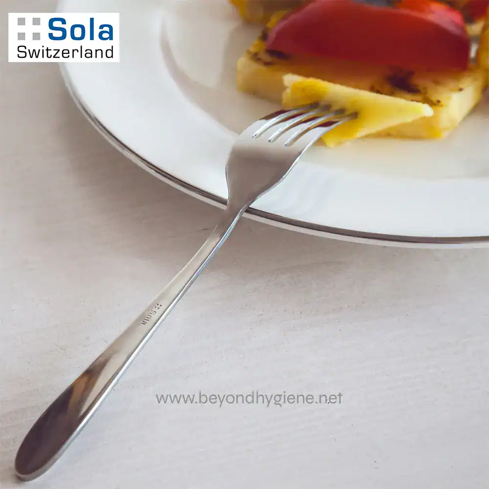 TURIN 1810 Stainless Steel-3 Cleaning and sanitation stainless steel fork on white plate with layered food, healthy eating hygiene concept.