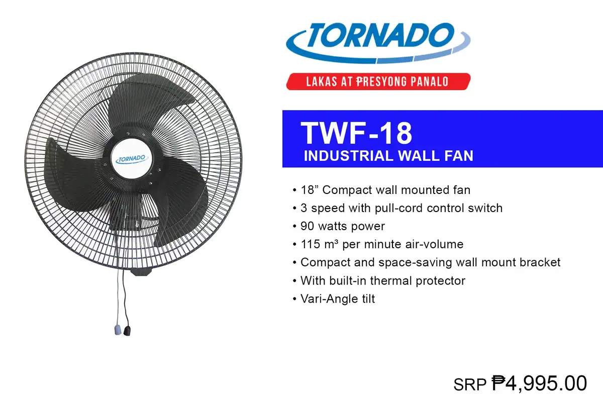 TWF-18 Tornado TWF-18 industrial wall fan for commercial and industrial cooling, featuring 18-inch compact design, three-speed pull-cord control, and adjustable tilt for optimal airflow.
