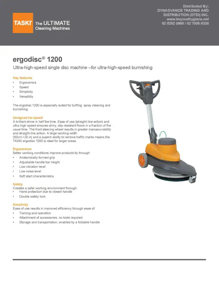ERGODISC 1200 TASKI floor cleaning machine for efficient buffing, spray cleaning, and burnishing in commercial facilities. Designed for speed, ergonomics, and safety for professional cleaning needs.