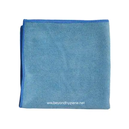 Microfiber cleaning cloth for hygiene and sanitation purposes, blue color, branded with Beyond Hygiene Asia logo. Perfect for sterilizing and cleaning surfaces in healthcare, hospitality, and cleaning industries.