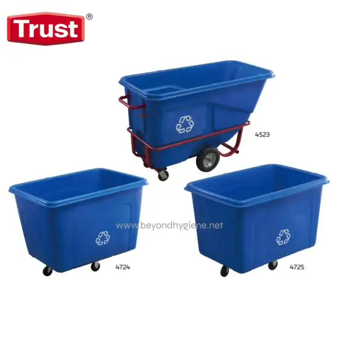 Blue recycling bins with wheels, plastic construction, and recycling symbols, ideal for waste management and recycling programs in commercial or industrial settings.