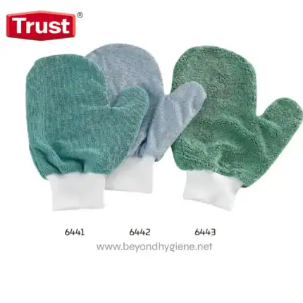 Trust® U-Rag® Microfiber Mitts designed for various cleaning tasks including general cleaning, glass and chrome surfaces, and dry dusting.