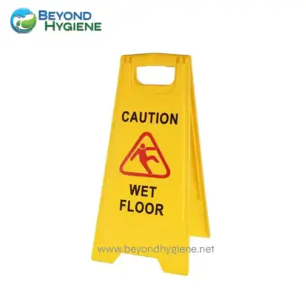 Caution wet floor sign for safety, highlighting slip hazards in commercial and public spaces to promote hygiene and prevent accidents.