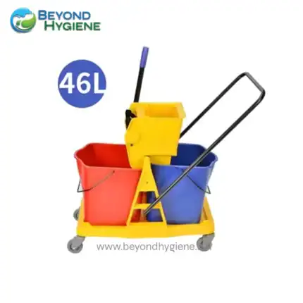 Blue and yellow janitorial cleaning cart with mop buckets and cleaning tools for commercial cleaning, sanitation solutions, and hygiene management in Asia.