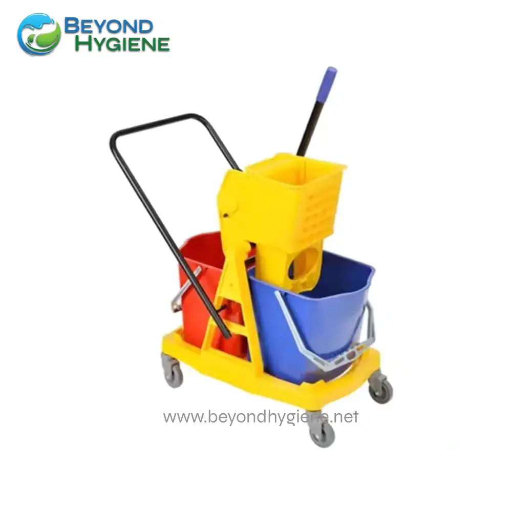 UGA 071A-2 Buckets and mop cart with cleaning supplies, including mop and yellow cleaning caddy, for professional hygiene and janitorial cleaning services.