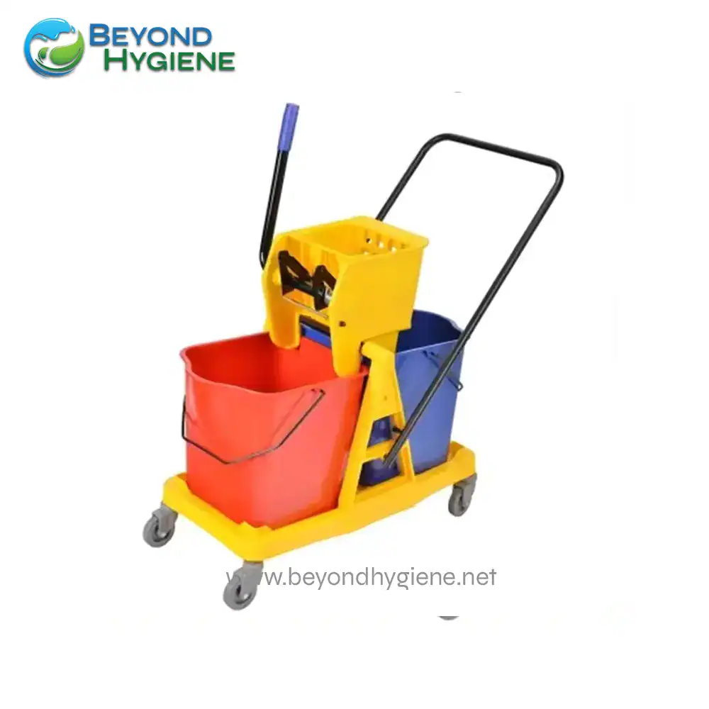 UGA 071A-3 Yellow, red, and blue janitorial mop bucket with wringer and adjustable handle for professional cleaning services in Asia.