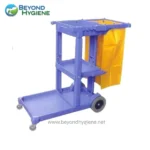 Blue multi-purpose cleaning trolley with yellow waste bag holder, mobile wheels, and multiple compartments for hospital, janitorial, or sanitation environments.