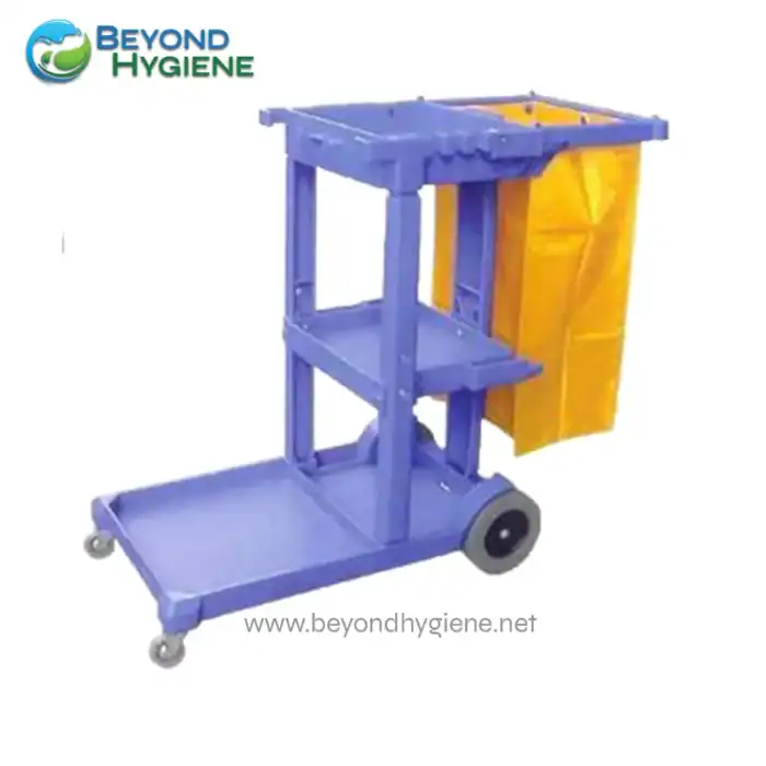 Blue multi-purpose cleaning trolley with yellow waste bag holder, mobile wheels, and multiple compartments for hospital, janitorial, or sanitation environments.