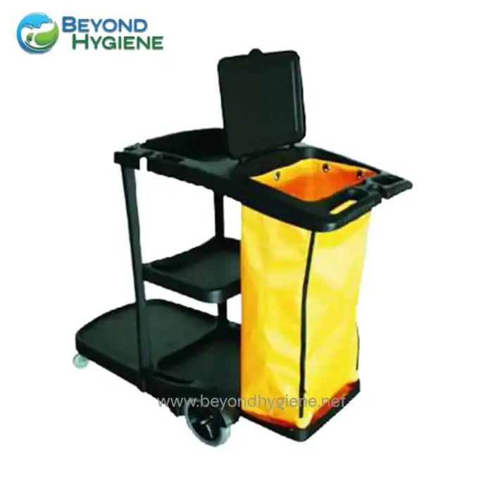 Yellow microfiber cleaning cart with disinfectant spray bottle holder and multiple shelves for janitorial supplies. Designed for efficient cleaning in commercial and healthcare facilities.