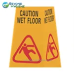 Caution Wet Floor warning sign in yellow with red graphics, promoting safety in commercial and industrial cleaning environments to prevent slips and falls.