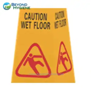 Caution Wet Floor warning sign in yellow with red graphics, promoting safety in commercial and industrial cleaning environments to prevent slips and falls.