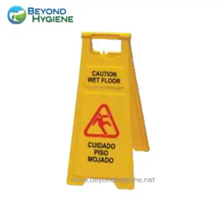 Wet floor caution sign with bilingual warning in English and Spanish, used to prevent slips and falls in commercial and public spaces for effective health and safety management.