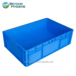 Blue plastic storage bin for industrial and organizational use.
