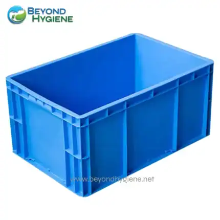 Blue plastic storage container for industrial and hygiene applications.