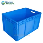 Blue plastic storage crate for commercial and industrial hygiene storage solutions.