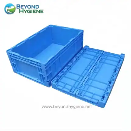 Blue plastic storage crate for sanitation or cleaning supplies.