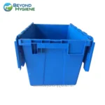 Blue industrial cleaning bin for hygiene and sanitation storage.