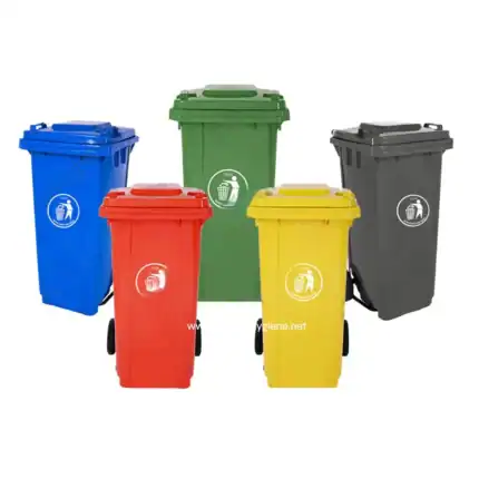 Blue recycling bin with trash icon, suitable for waste separation, eco-friendly waste management solutions in Southeast Asia.